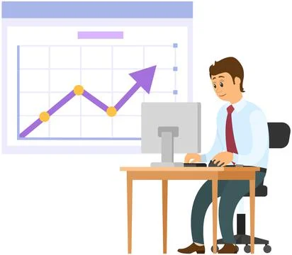 Man analyses digital report with data. Statistical indicators and graphic Illustrazione stock