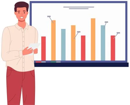 Man analyses digital report with data. Statistical indicators and graphic Ilustración de archivo