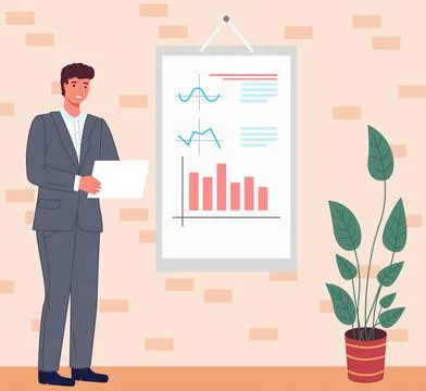 Man analyses digital report with data. Statistical indicators and graphic Illustrazione stock