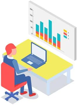 Man analyses digital report with data. Statistical indicators and graphic Ilustración de archivo