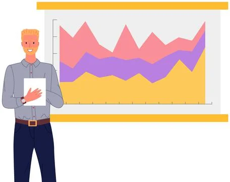 Man analyses digital report with data. Statistical indicators and graphic Illustrazione stock