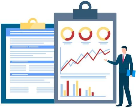 Man analyses digital report with data. Statistical indicators and graphic Illustrazione stock