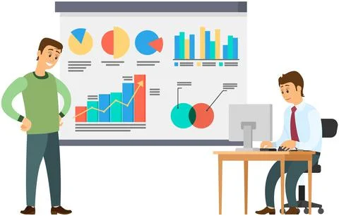 Man analyses digital report with data. Statistical indicators and graphic 스톡 일러스트