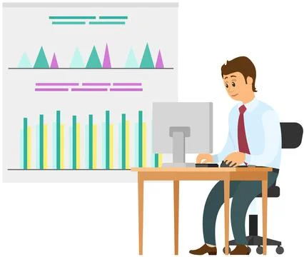 Man analyses digital report with data. Statistical indicators and graphic Stock Illustration