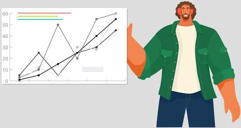 Man analyses digital report with data. Statistical indicators and graphic Illustrazione stock