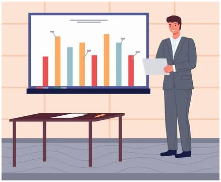Man analyses digital report with data. Statistical indicators and graphic Illustrazione stock