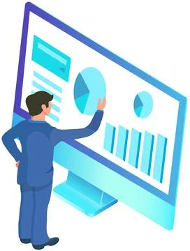Man analyses digital report with data. Statistical indicators and graphic Illustrazione stock