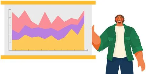 Man analyses digital report with data. Statistical indicators and graphic Illustrazione stock