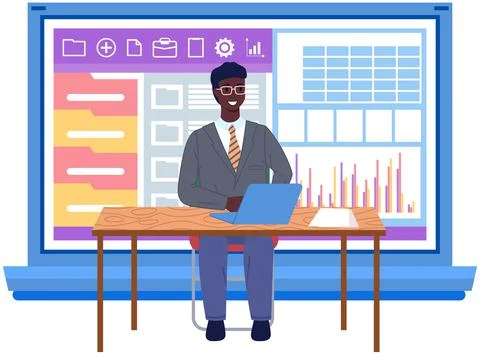 Man analyses digital report with data. Statistical indicators and graphic Illustrazione stock
