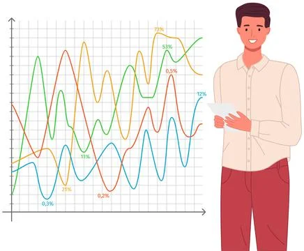 Man analyses digital report with data. Statistical indicators and graphic Illustrazione stock