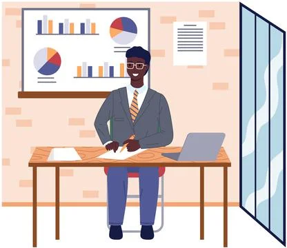 Man analyses digital report with data. Statistical indicators and graphic Stock Illustration