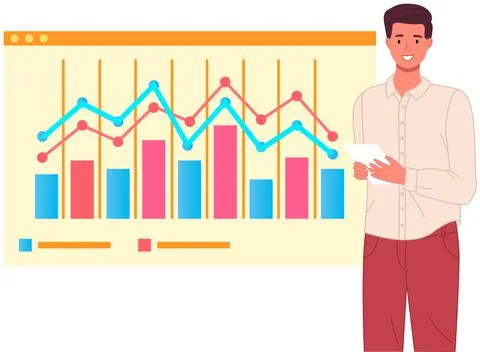 Man analyses digital report with data. Statistical indicators and graphic Stock Illustration
