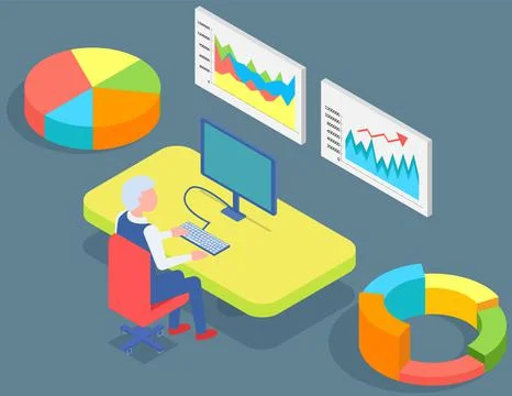 Man analyses digital report with data. Statistical indicators and graphic Illustrazione stock