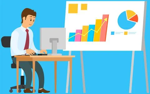 Man analyses digital report with data. Statistical indicators and graphic 스톡 일러스트