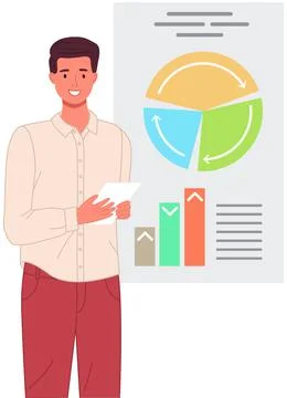 Man analyses digital report with data. Statistical indicators and graphic Illustrazione stock