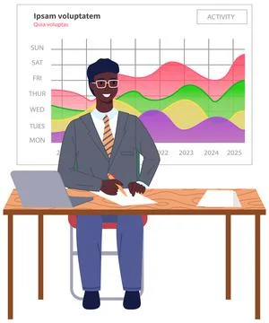 Man analyses digital report with data. Statistical indicators and graphic Illustrazione stock