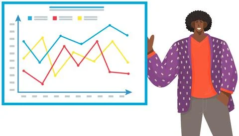 Man analyses digital report with data. Statistical indicators and graphic Illustrazione stock