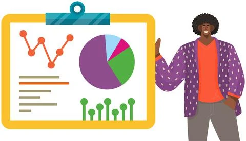 Man analyses digital report with data. Statistical indicators and graphic Ilustración de archivo