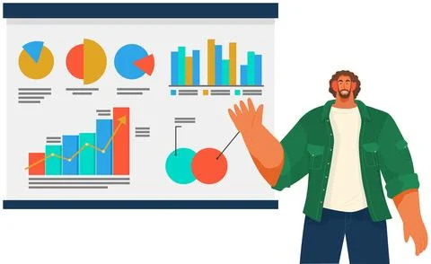 Man analyses digital report with data. Statistical indicators and graphic Illustrazione stock