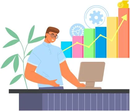 Man analyses statistics report on computer. Business specialist conducts data Illustrazione stock