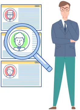 Man analysing user profiles in social network or messenger. Guy searching for イラスト素材
