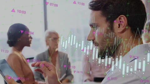 Man analyst tapping tablet, swiping animating charts  and  markers while team Stock Footage 334768552