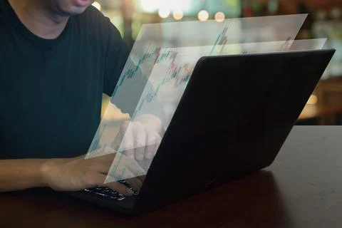 The man analytics graph bitcoin and stock market. Business analytics concept. Stock Photos