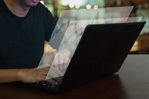 The man analytics graph bitcoin and stock market. Business analytics concept. Stock Photos