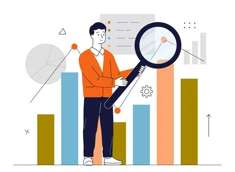 Man analyze graph. Young guy with magnifying glass evaluates graphs and diagrams Stock Illustration