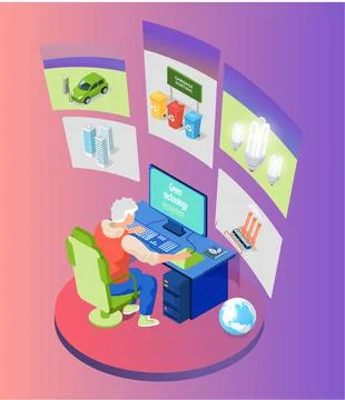 Man analyzes integration of new technologies for waste recycling, creation of Ilustração Stock