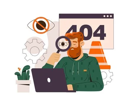 Man analyzing 404 error on laptop screen. Vector illustration Illustrazione stock