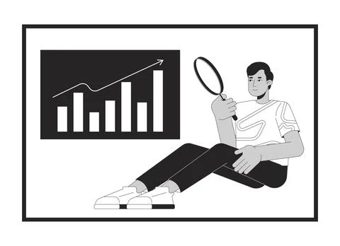 Man analyzing business data black and white 2D line cartoon character Stock Illustration