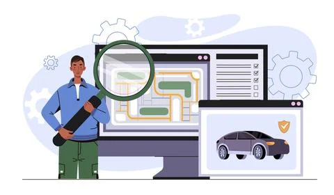 Man analyzing car tracking data on screen. Vector illustration 스톡 일러스트