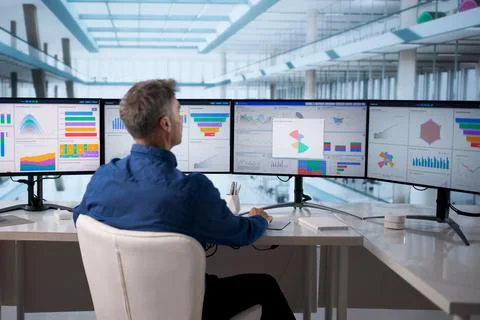 Man Analyzing Corporate Data Dashboard On Computer Screen In Office. Consulta Stock Photos