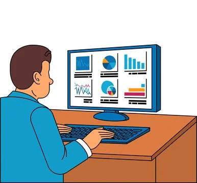 Man analyzing data on a computer screen. Suitable for analytics, data scien.. 스톡 일러스트