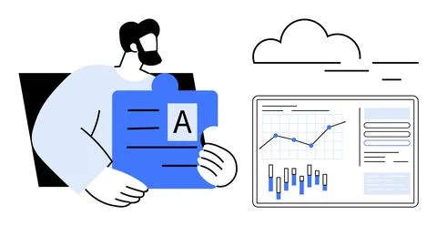Man Analyzing Data Insights on Digital Platform with Cloud Backup Concept Stock Illustration