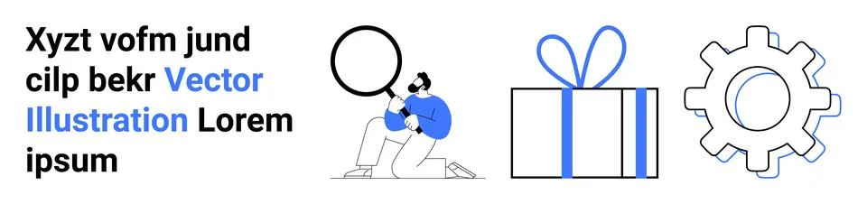 Man analyzing data with magnifying glass, large gift box with ribbon, and gea 스톡 일러스트