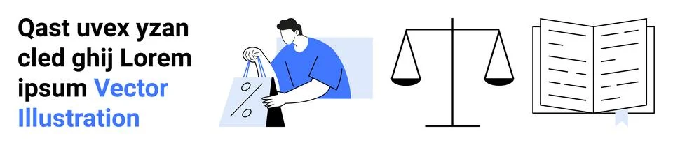 Man analyzing data, scales of justice, and open law book conveying legal an.. Stock Illustration