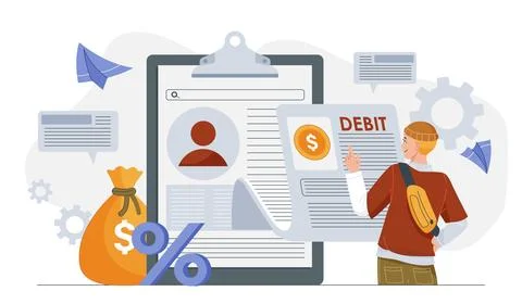 Man analyzing debit financial document on clipboard. Illustrazione stock