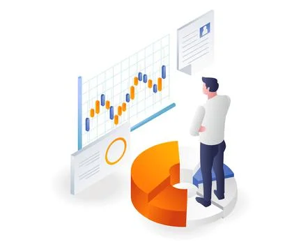 The man is analyzing the development of trading investment Stock Illustration