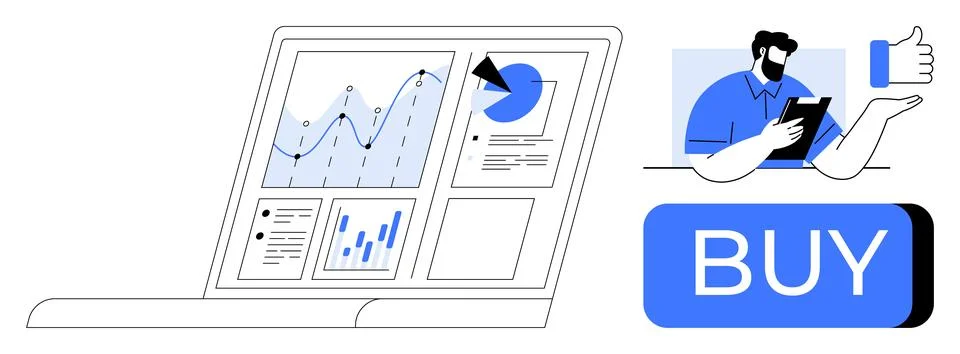 Man analyzing digital marketing data on laptop, showing charts and metrics. B Stock Illustration