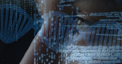 Man analyzing DNA data with floating code and helix in futuristic bioinformatics Stock Footage 309285584