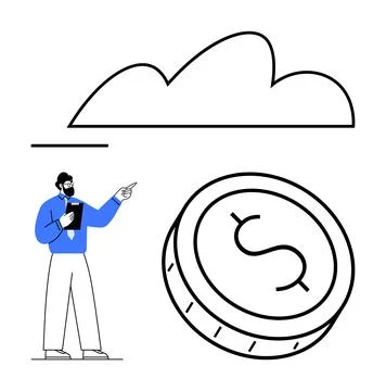 Man Analyzing Financial Data with Digital Tools and Cloud Storage Concept Illustrazione stock