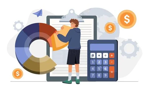 Man analyzing financial data with pie chart and calculator. Illustrazione stock