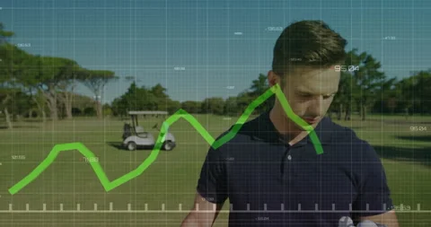 Man analyzing golf performance data using live graph overlay and grid beside Stock Footage 307451757