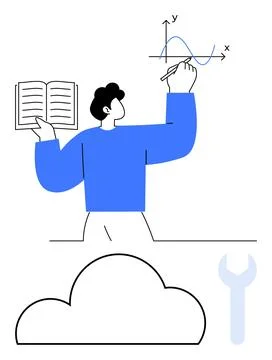 Man Analyzing Graph with Open Book Near Cloud and Wrench Illustration Illustrazione stock