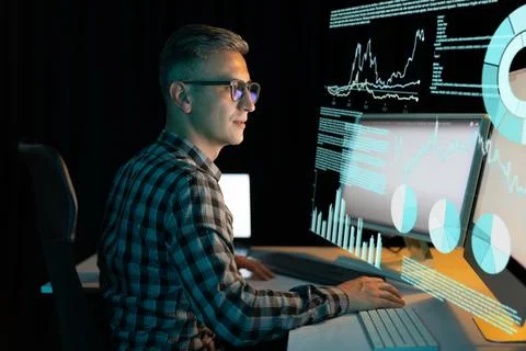 Man Analyzing Graphs and Data on Multiple Computer Screens Stock Photos