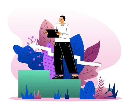 Man analyzing growth using tablet device. Vector illustration 스톡 일러스트