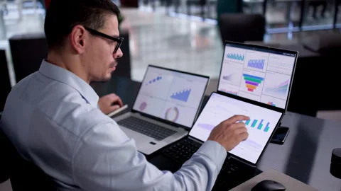 Man Analyzing Multiple Data KPIs On Computer Dashboard Stock Footage 327502853