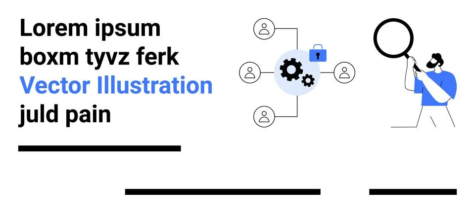 Man analyzing network, gears and lock representing security, interconnected u Stock Illustration